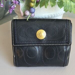 Coach Black Leather Perforated Trifold Wallet with Gold Snaphead